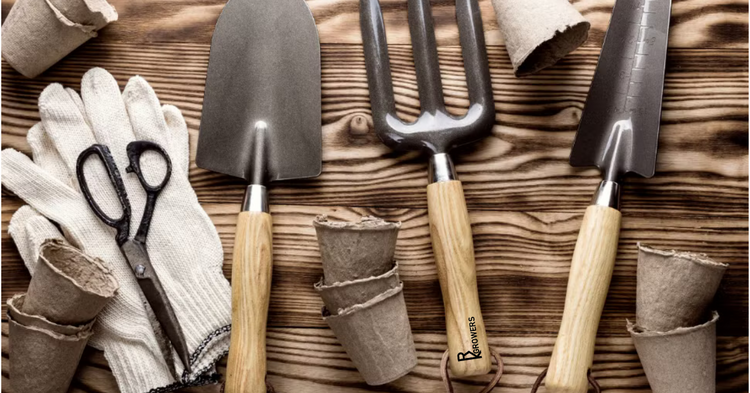 Flat lay of garden tools and essentials with RK Growers logo on handle, showcasing quality supplies for sustainable gardening and homesteading.