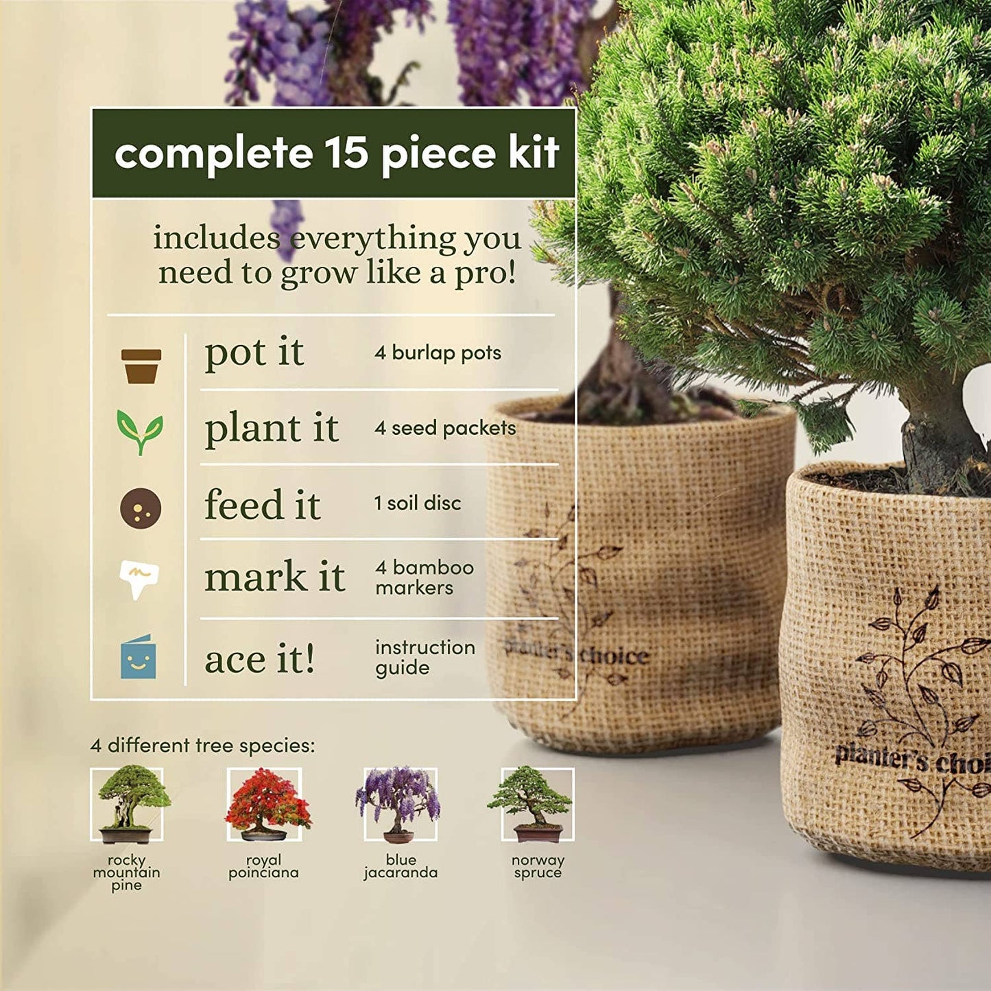 15-piece gardening kit with burlap pots and plant care information on a beige background.