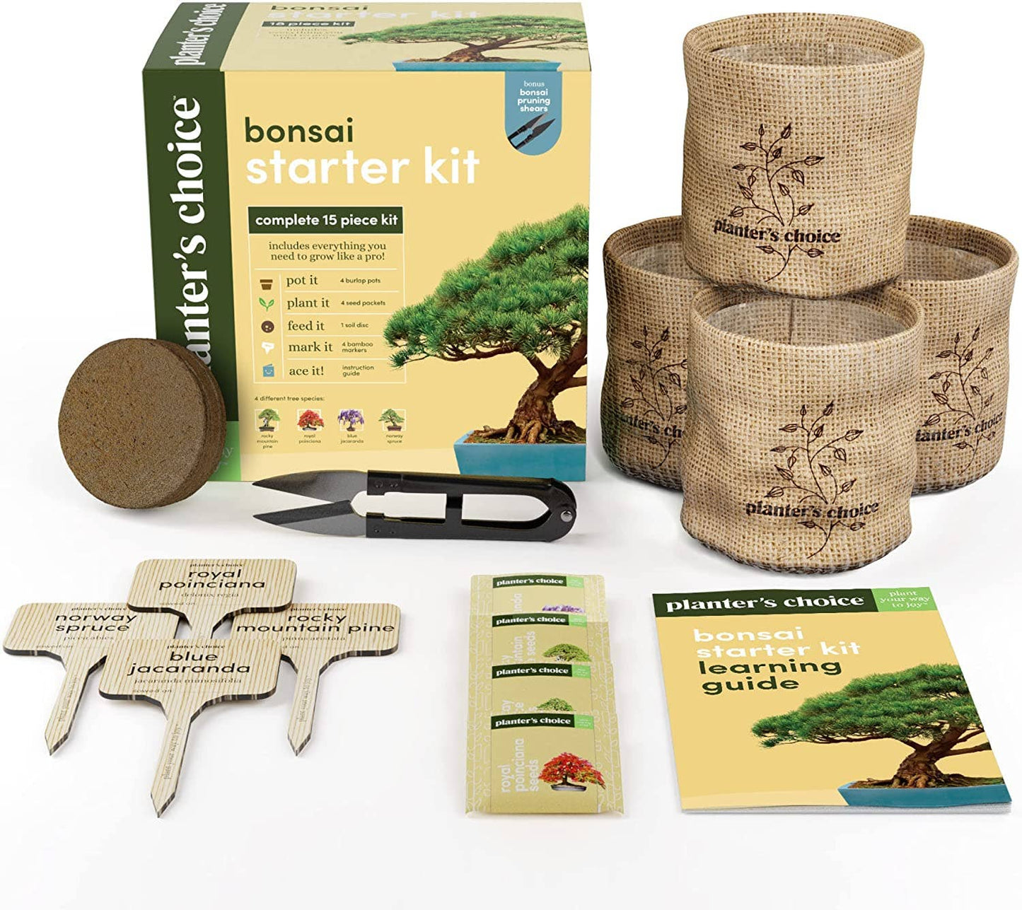 Bonsai starter kit with pots, tools, and guides on a white background