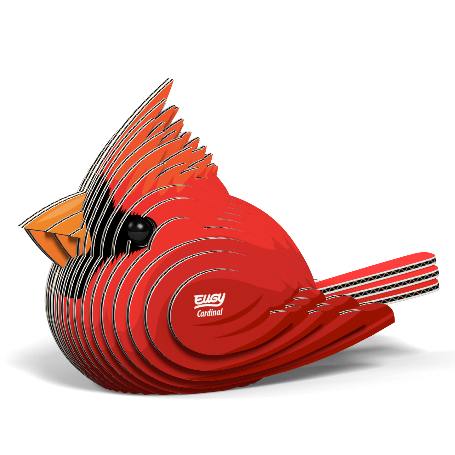 Red cardinal-shaped birdhouse with a white background assembled