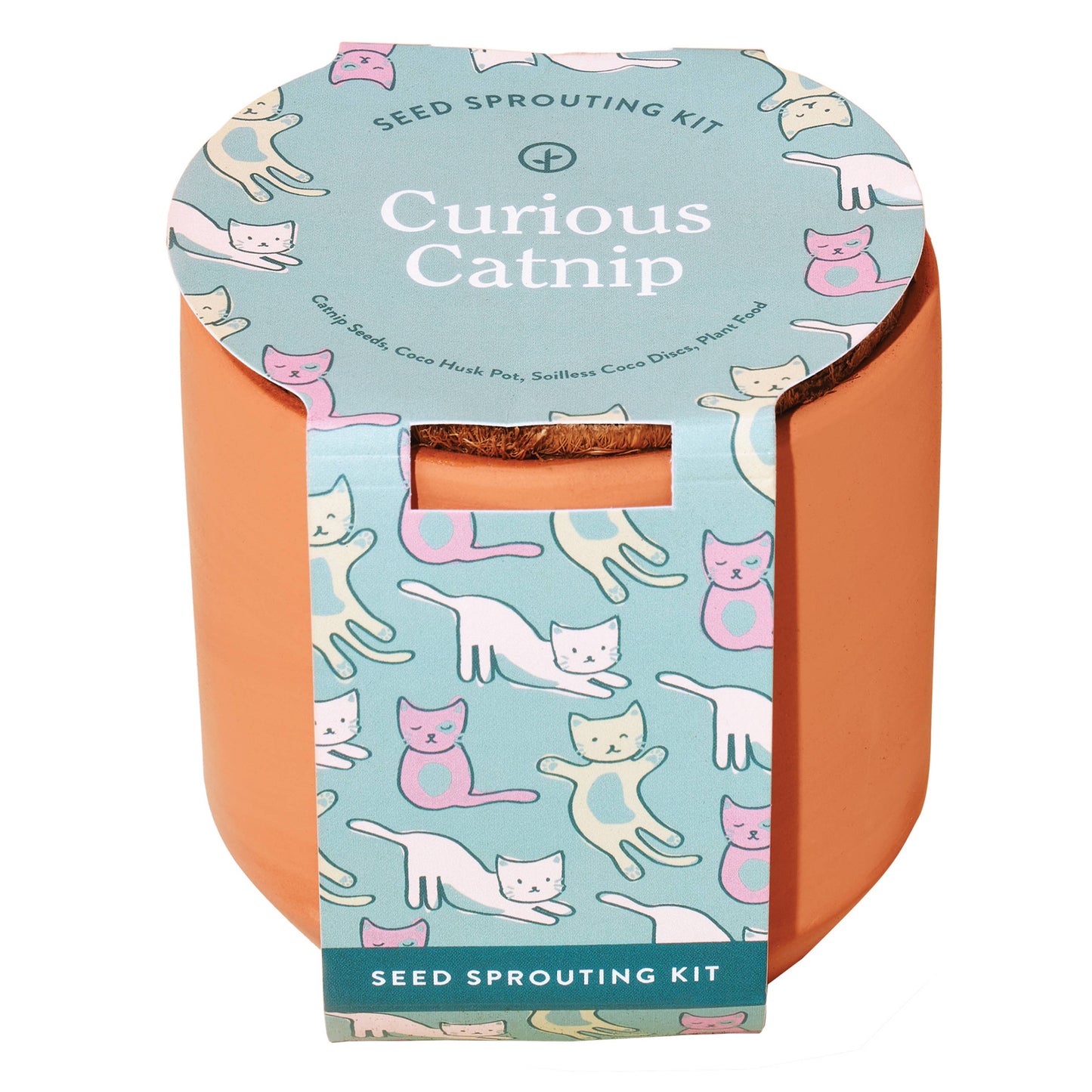 Seed sprouting kit packaging with catnip theme on a white background