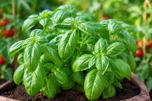 Fresh basil plant growing alongside tomatoes in a home garden.