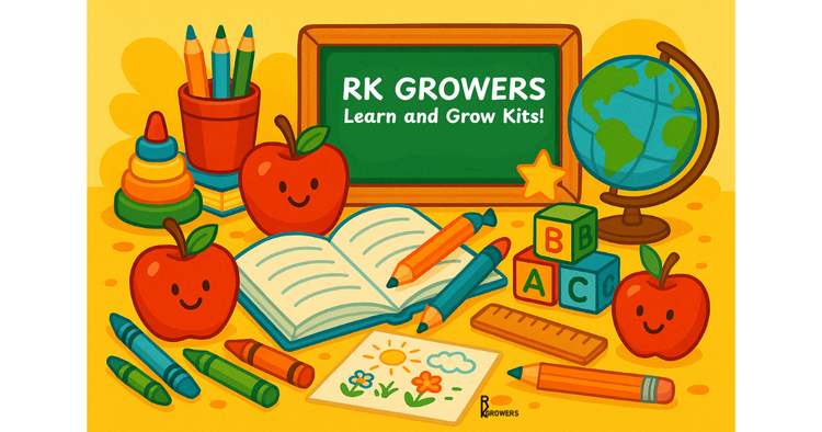 RK Growers Learn & Grow Kits – educational hands-on STEM and nature projects for kids, featuring school supplies, craft tools, and fun learning activities.