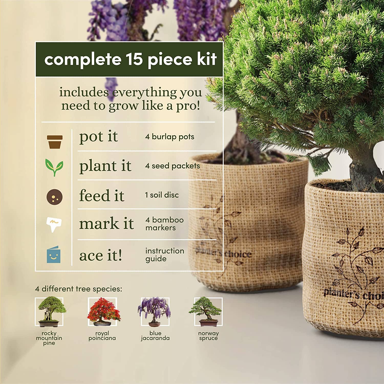 15-piece gardening kit with burlap pots and plant care information on a beige background.