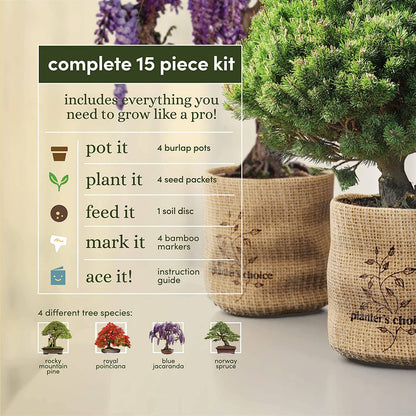 15-piece gardening kit with burlap pots and plant care information on a beige background.