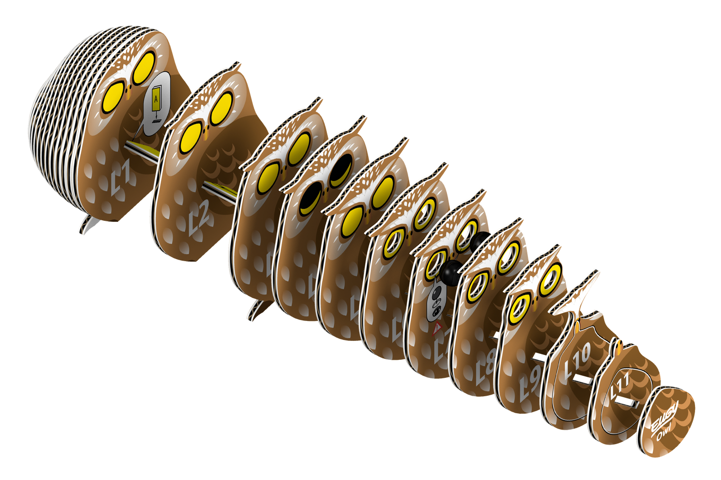 3-D Owl puzzle shown piece by piece on white background