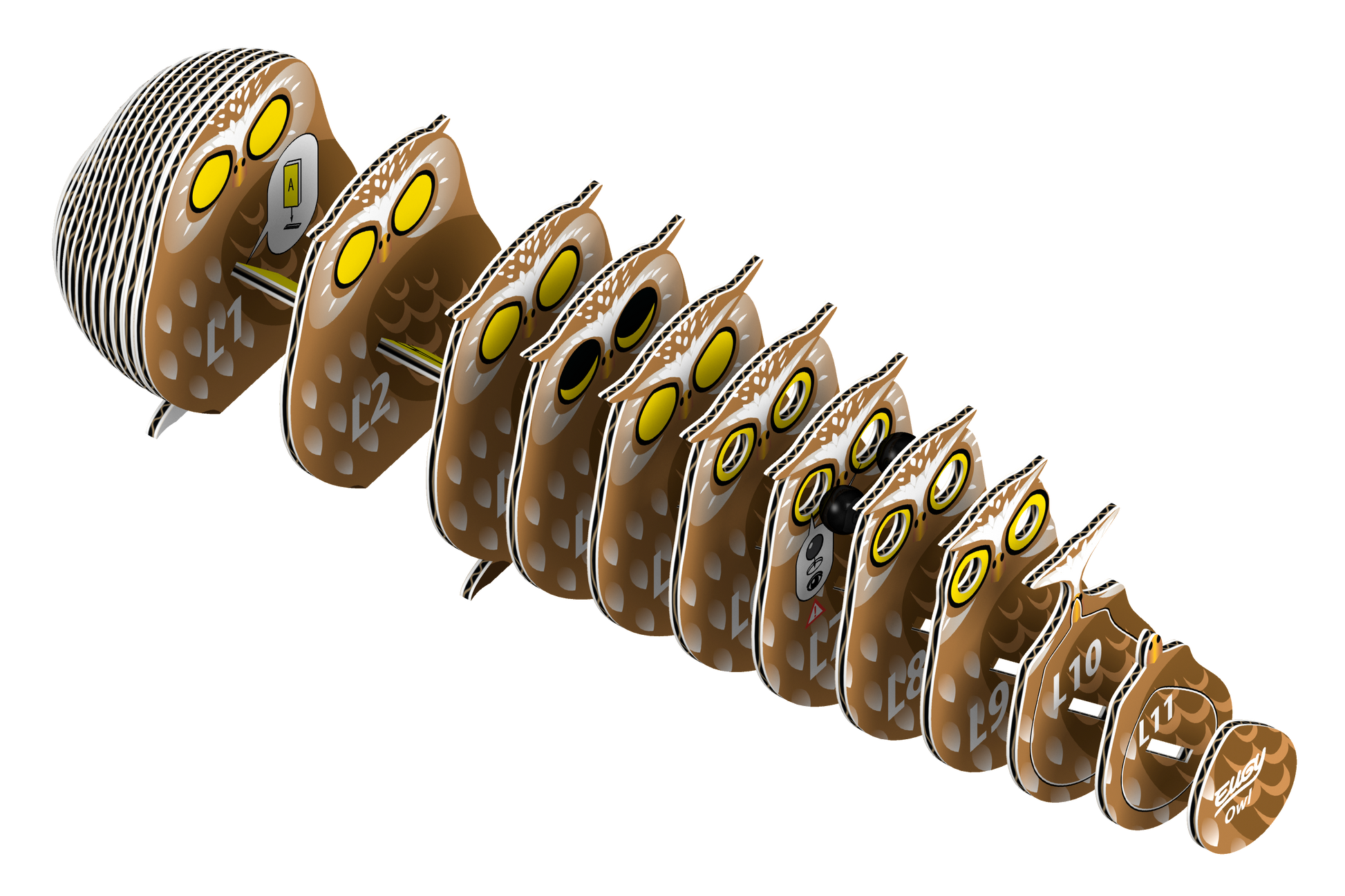 3-D Owl puzzle shown piece by piece on white background