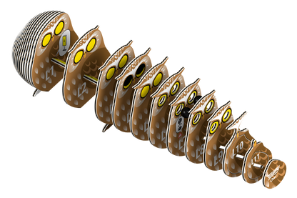 3-D Owl puzzle shown piece by piece on white background