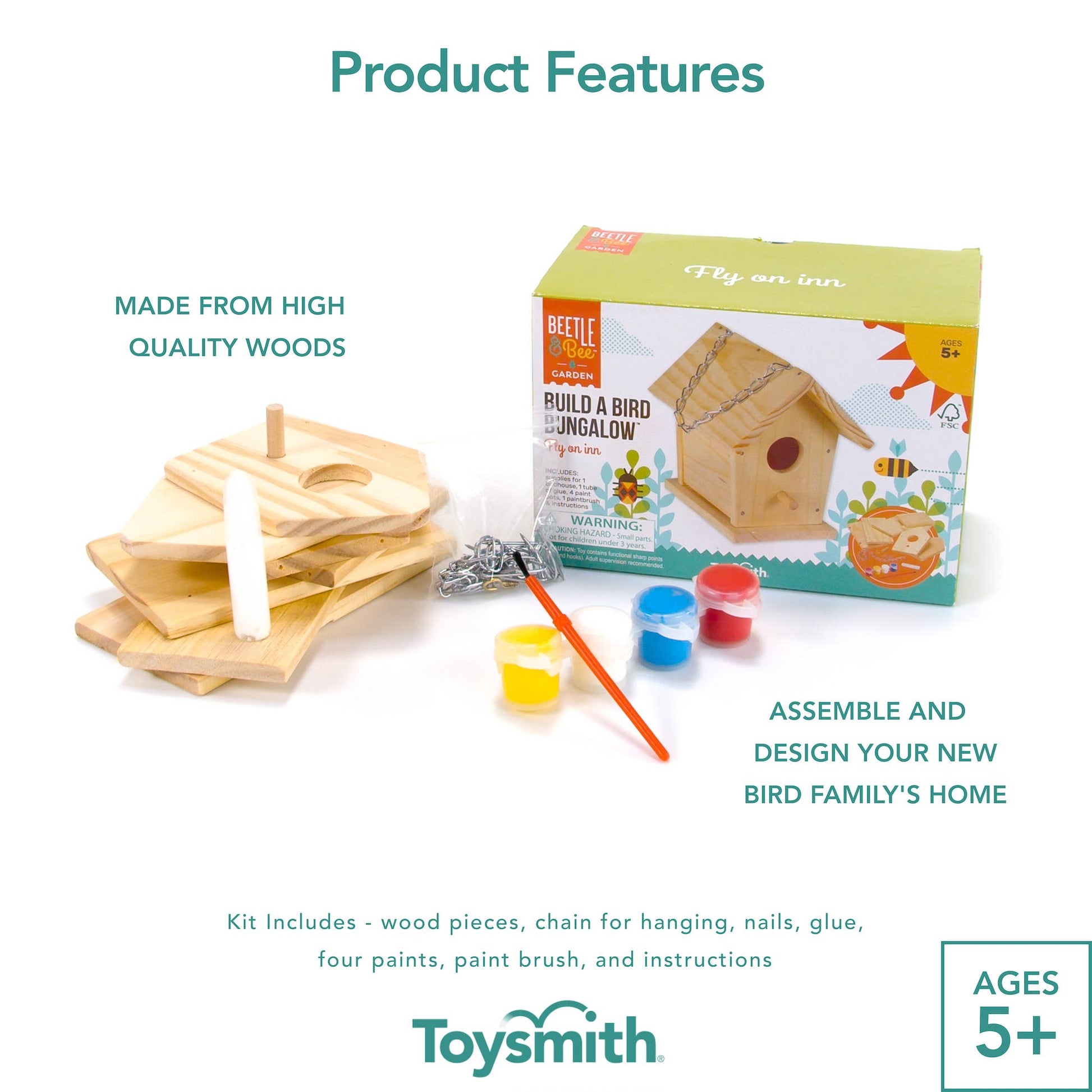 Birdhouse building kit with wooden pieces, paint supplies, and packaging on a white background.