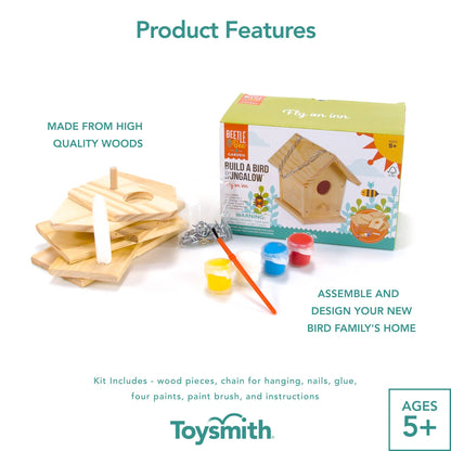 Birdhouse building kit with wooden pieces, paint supplies, and packaging on a white background.