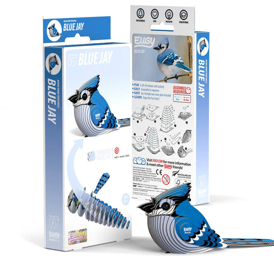 Blue Jay bird-shaped toy with packaging on a white background