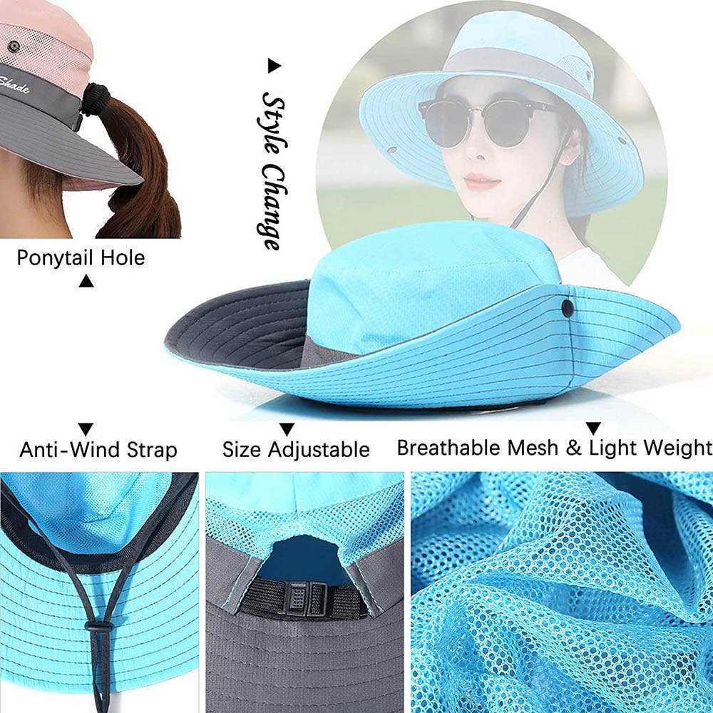 Blue sun hat with features highlighted on a white background