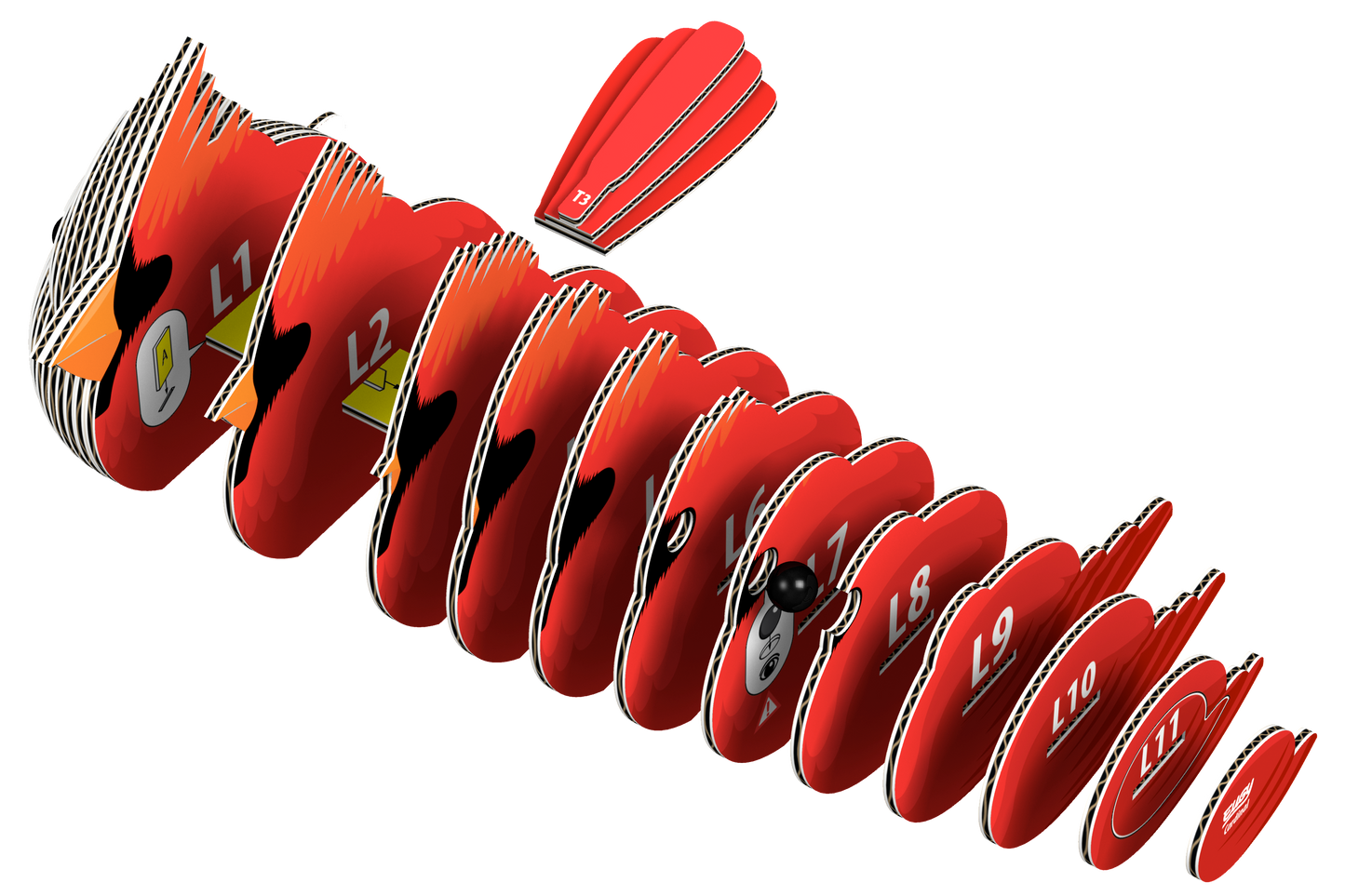 Cardinal 3-D Puzzle showing each piece in order on a white background