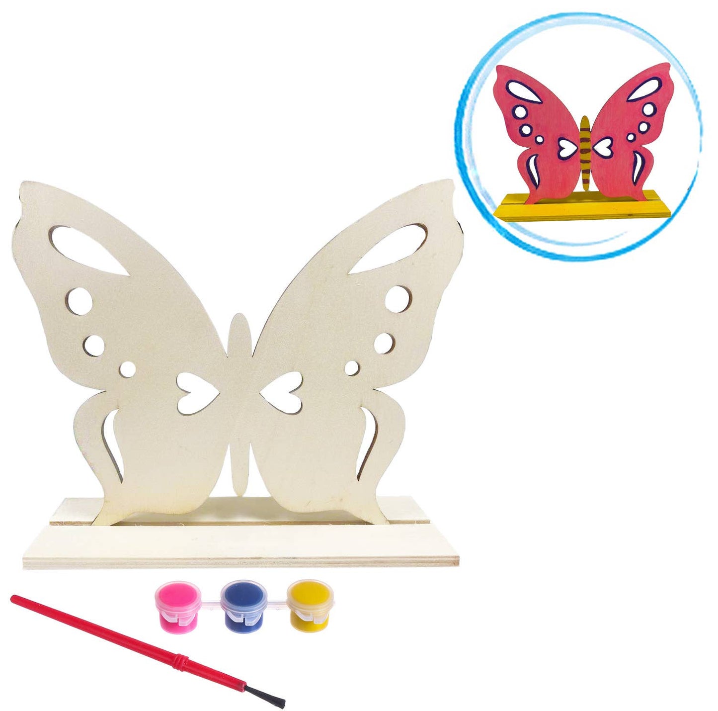 Butterfly-shaped wooden stand with paint supplies and a small inset image of a pink butterfly.