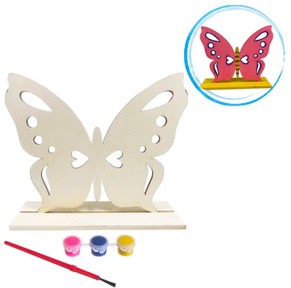 Butterfly-shaped wooden stand with paint supplies and a small inset image of a pink butterfly.