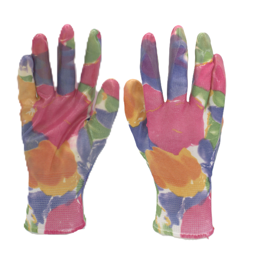 Pair of colorful gardening gloves with floral pattern on a white background
