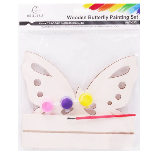 Wooden butterfly painting set with paint and brush on packaging