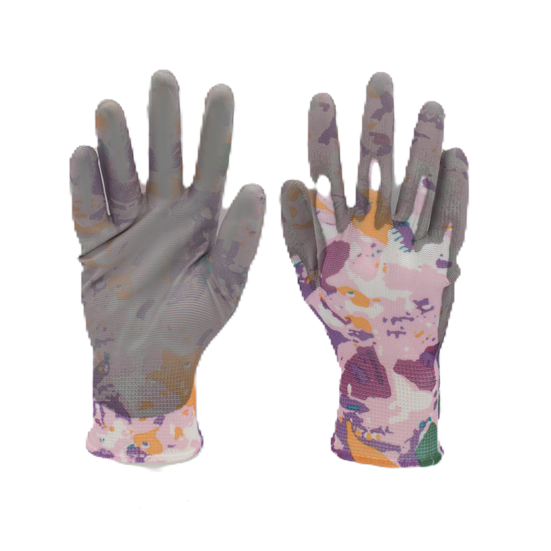Pair of gardening gloves with colorful pattern on a white background