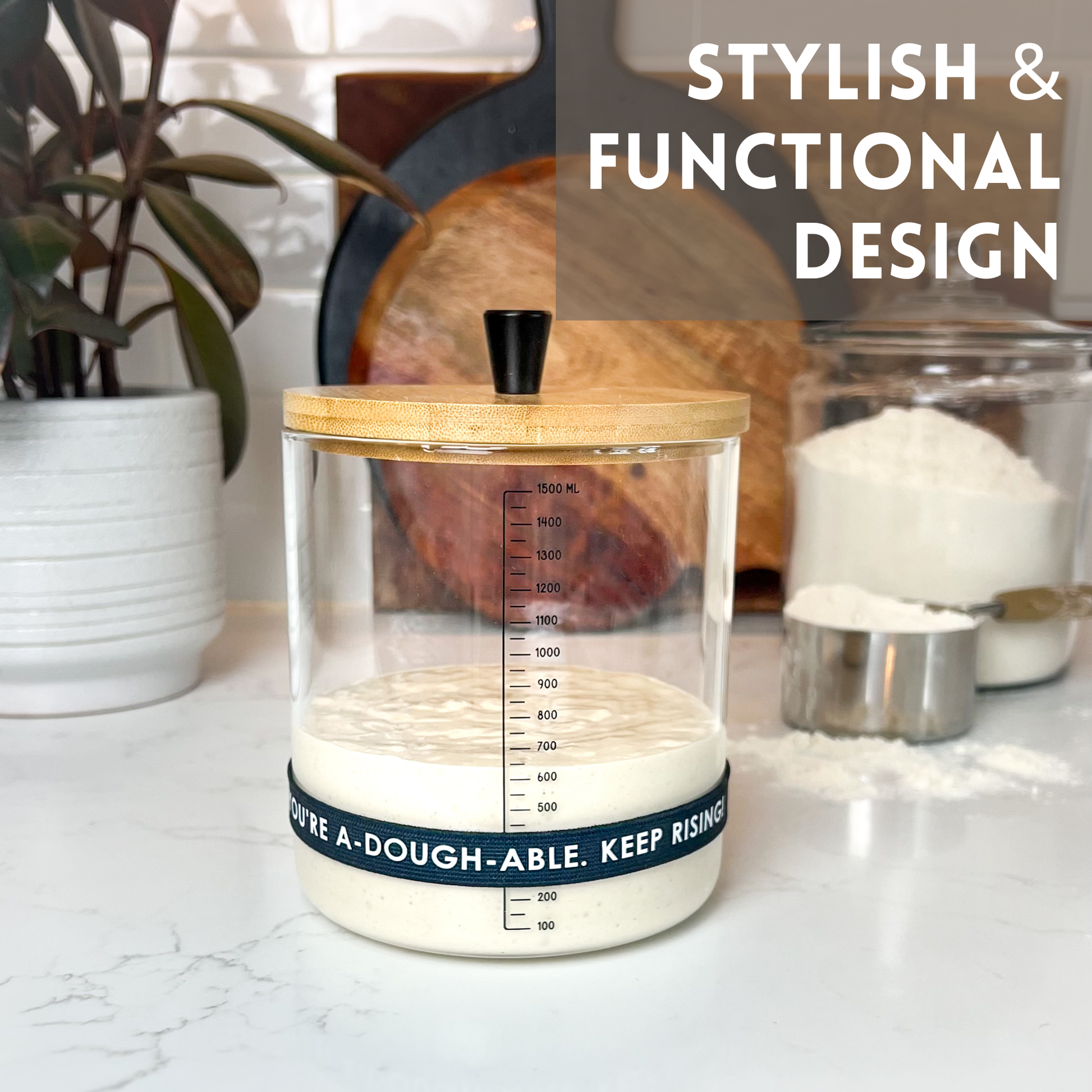 Clear container with wooden lid on a kitchen counter, with text 'Stylish & Functional Design'.