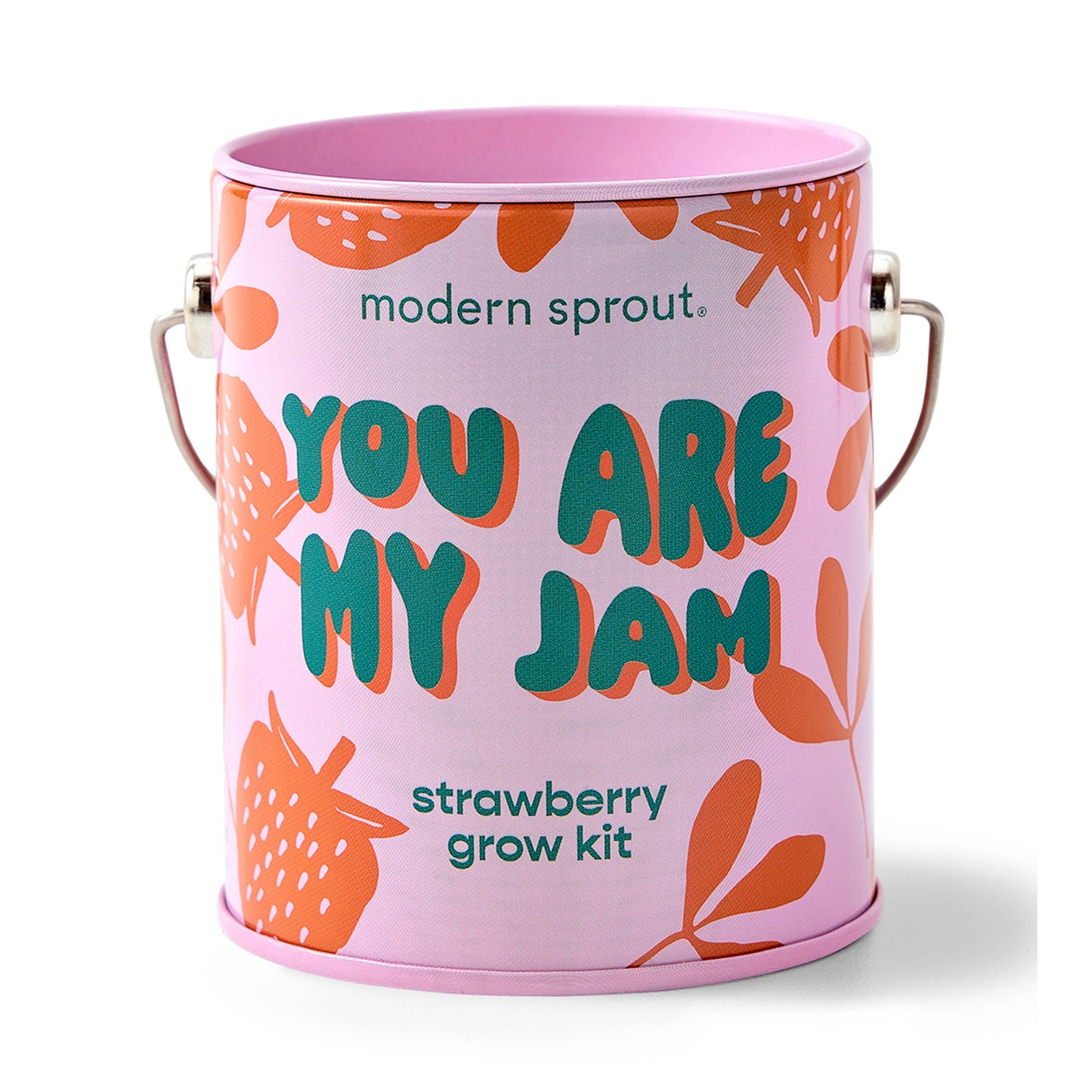 Pink container with 'modern sprout' branding and strawberry-themed design on a white background