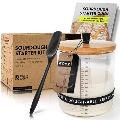 Sourdough starter kit with a jar, spoon, and guide on a white background