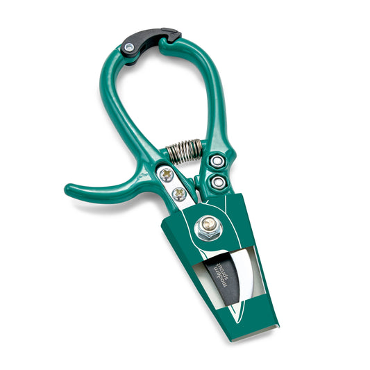 Teal garden pruner in packaging on a white background