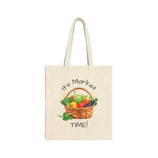 Tote bag with a basket of vegetables and 'It's Market Time!' text on a white background