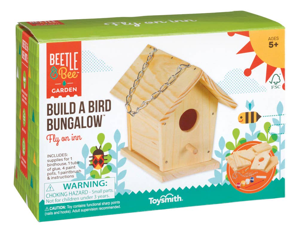 ToySmith Build a Bird Bungalow kit packaging with wooden birdhouse illustration