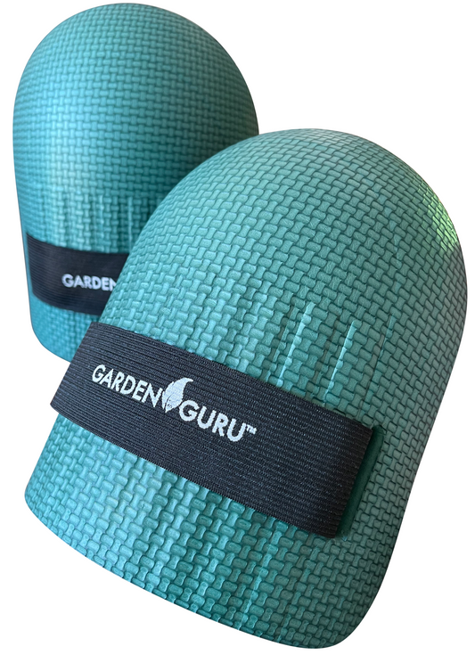 Two teal garden kneeling pads with 'Garden Guru' branding on a white background