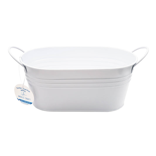 White metal tub with handles on a white background
