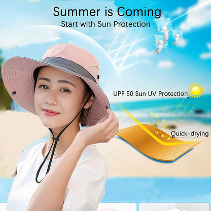 Woman wearing a sun hat with beach scene and text about sun protection and quick-drying properties.