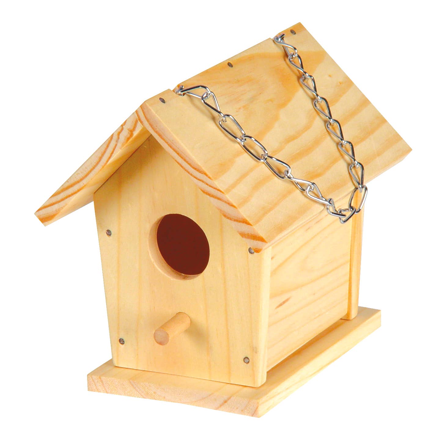 Wooden birdhouse with a chain on a white background