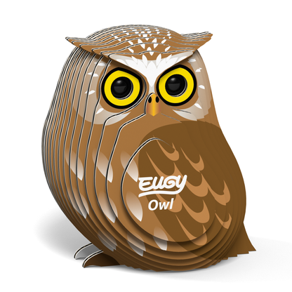 Wooden owl puzzle toy with 'Eugy' branding on a white background assembled